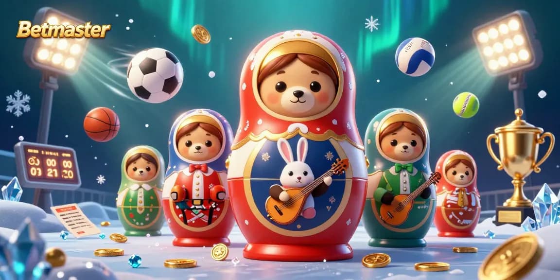 Win big with Betmaster's colorful cartoon illustration showcasing dynamic sports elements and casino fun.
