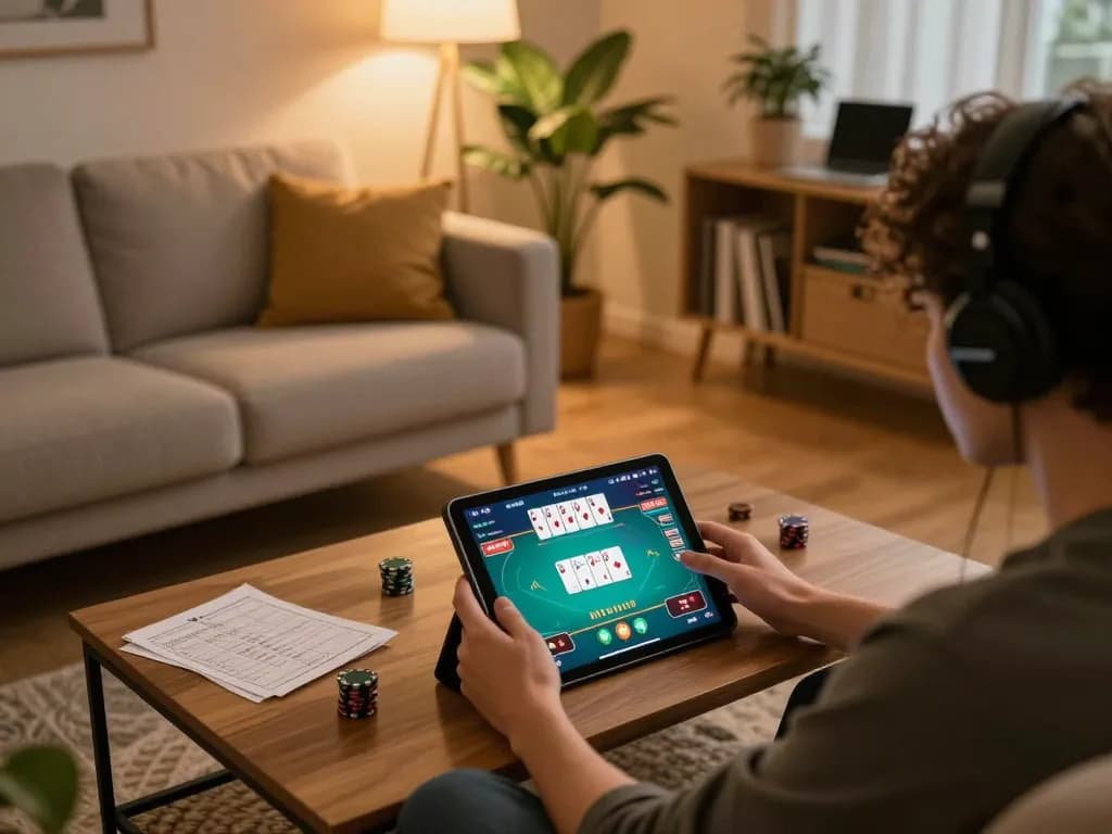 Engaging online gaming session on ligalgo with a player enjoying poker on a tablet in a cozy setting