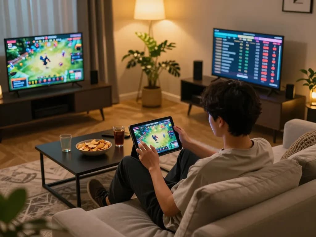 Trải nghiệm Phát sóng trực tiếp đá gà trong một không gian chơi game sôi động tại nhà với máy tính bảng và đồ ăn nhẹ.