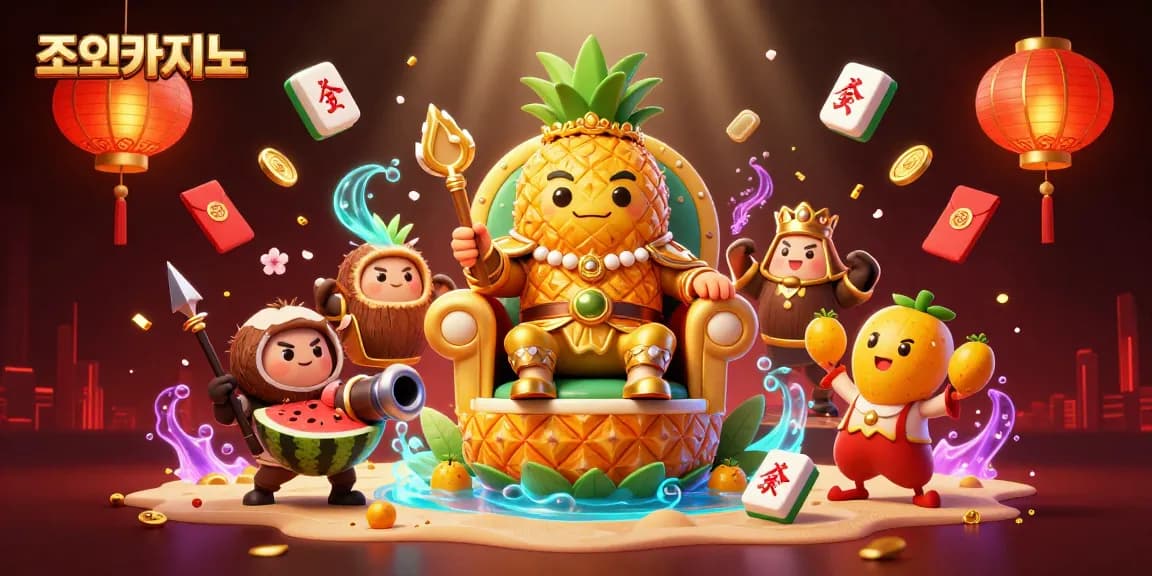 Engage with 조이카지노's vibrant gaming atmosphere featuring a golden pineapple king and dynamic casino elements.