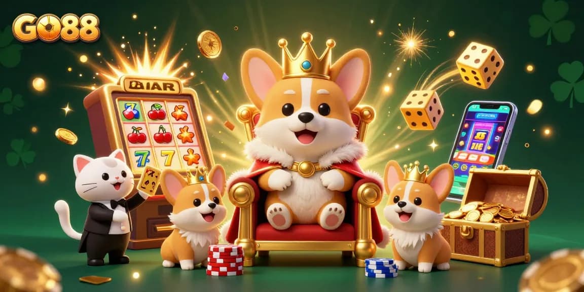 Join the GO88 royal corgi on an epic casino adventure with vibrant slot machines and exciting game symbols.