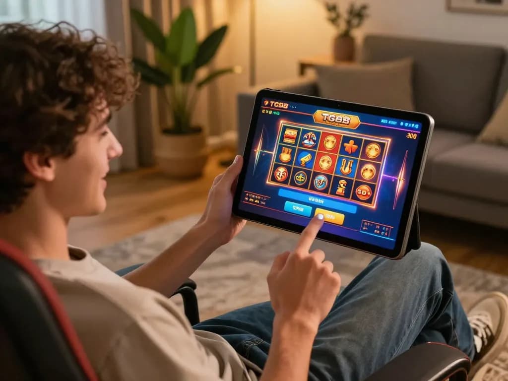 Engaged player enjoying a TG88 online slot machine game on a tablet, cozy home setup