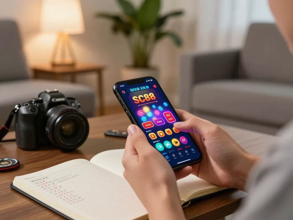 Gambling enthusiast interacting with the SC88 mobile app, showcasing online gaming interface in a cozy home setting