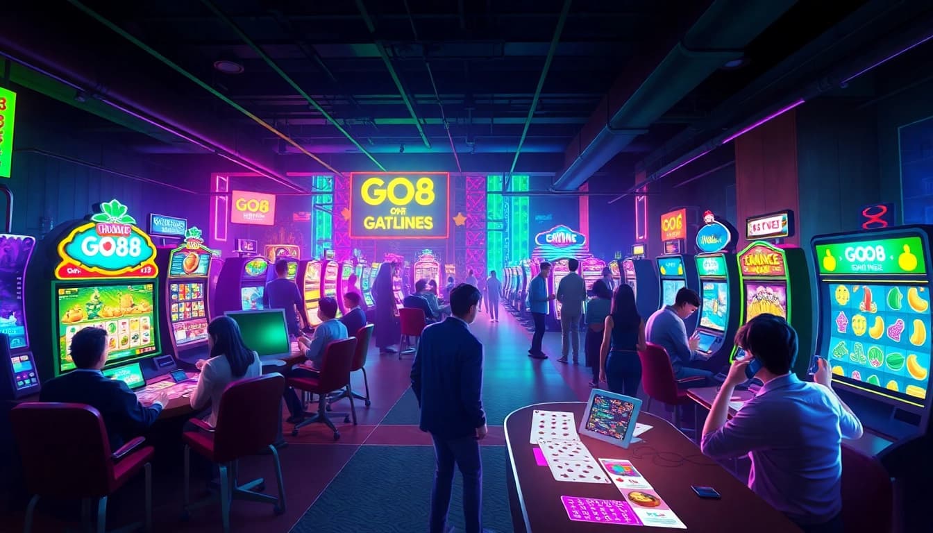 GO88 gaming experience with vibrant digital interfaces and enthusiastic players engaging in various games.