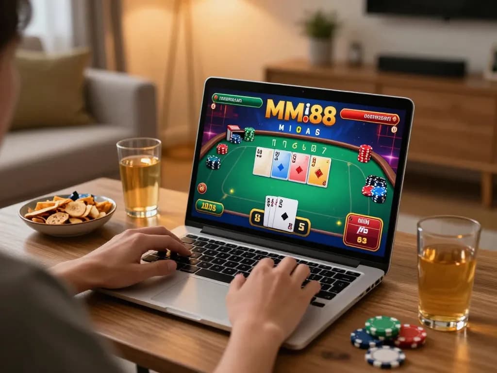 Engaged player enjoying mm88 casino games using a laptop in a cozy home environment
