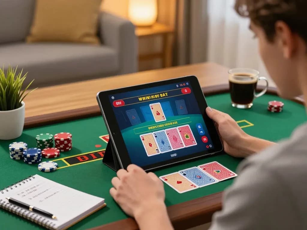 Engaged player enjoys RED88 live dealer blackjack on tablet, combining strategy and excitement in a cozy home.