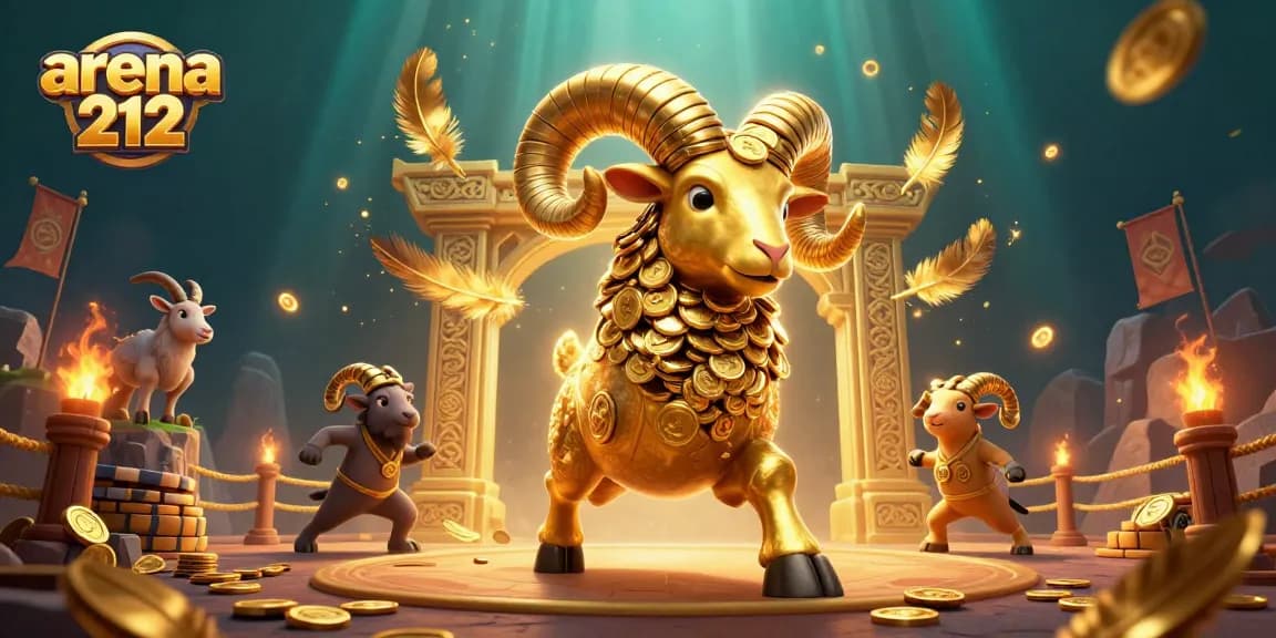 Menang besar di arena212 dengan ram emas yang berlari ke gerbang jackpot, dikelilingi koin dan efek api.