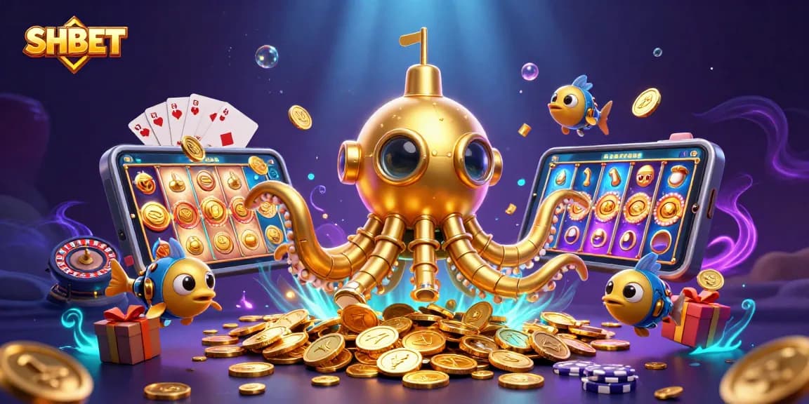 Play thrilling slots at SHBET with a mesmerizing kraken submarine amidst gold coins and vibrant casino game elements.