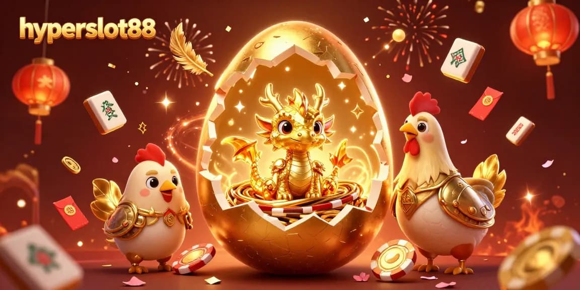 Experience gaming thrills at hyperslot88 with a golden baby dragon and festive elements surrounding it.
