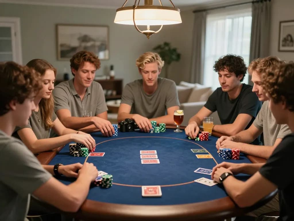 Exciting home poker night scene illustrating friends enjoying ดูหนังออนไลน์ and gaming together