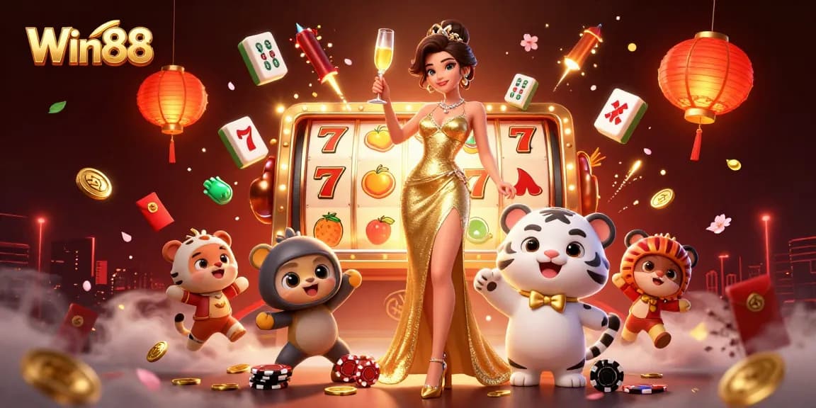 Experience thrilling wins with our glamorous Win88 casino illustration featuring lucky symbols and festive décor.