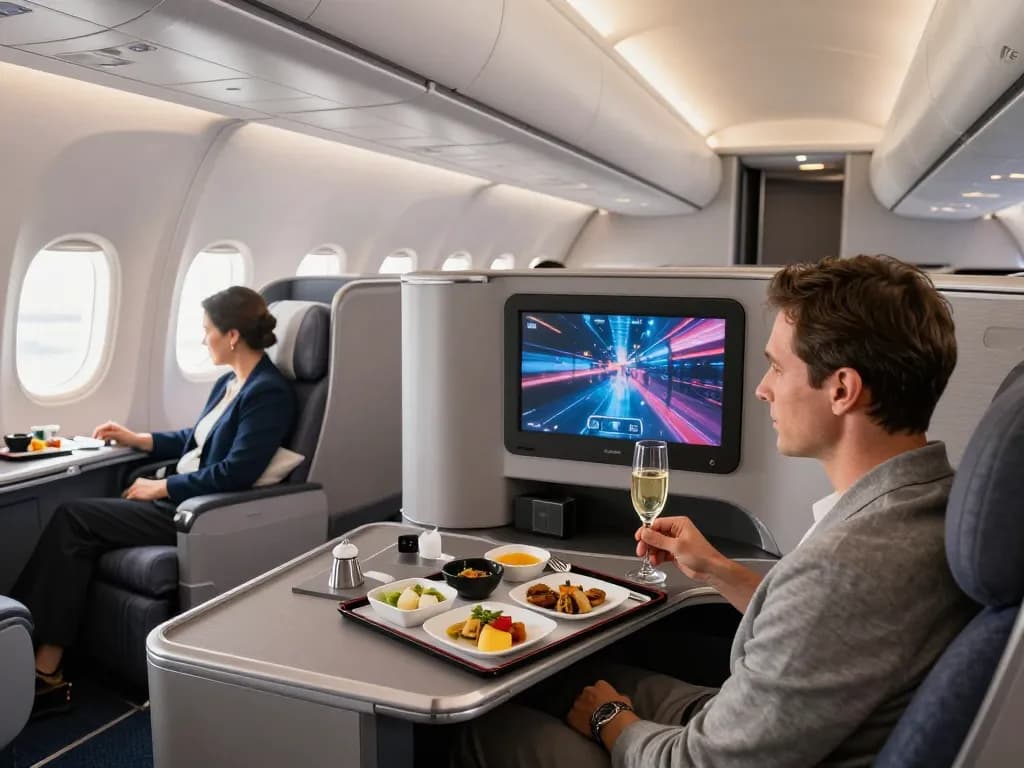 Passenger enjoying a gourmet meal onboard the American Airlines 789P in luxurious business class.