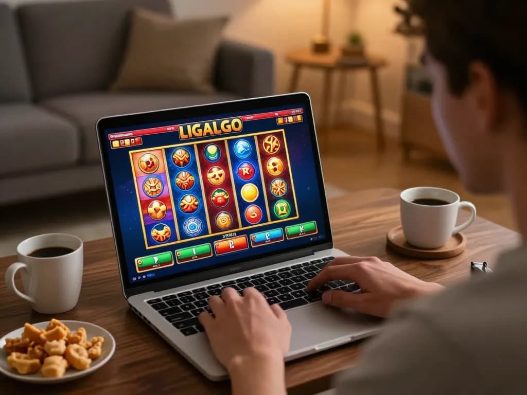 LIGALGO user enjoying an exciting online betting session at home, engaging with dynamic slot games