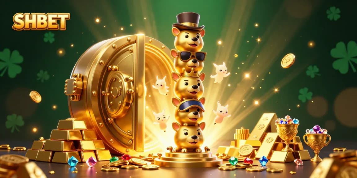 Experience thrilling wins at SHBET with an illustrated 3D casino scene showcasing vibrant games and treasures.