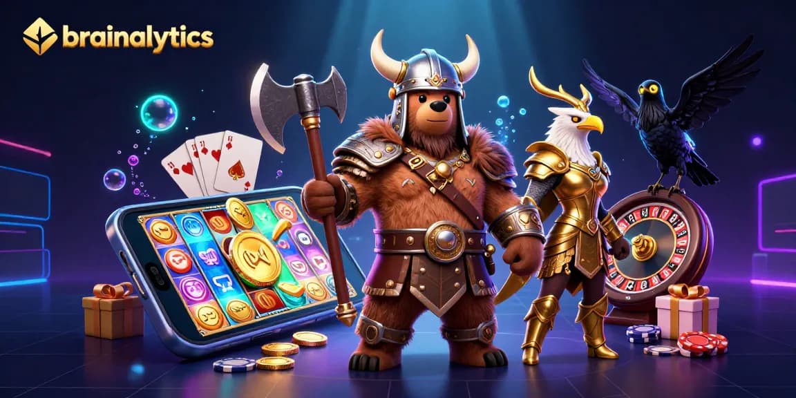 Experience excitement with brainalytics, showcasing a Viking bear and Valkyrie eagle in a vibrant slot game scene.