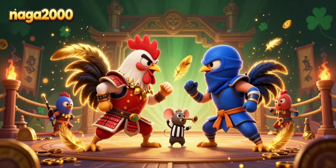 Naga2000 mempersembahkan standoff spektakuler antara ayam petarung, samurai merah dan ninja biru.