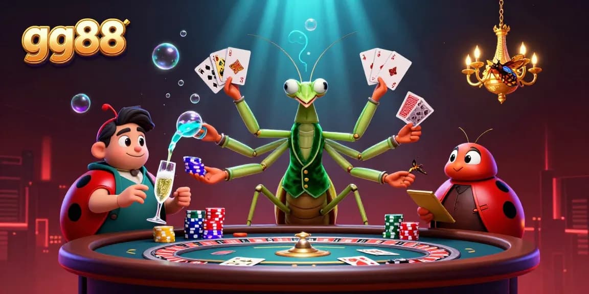 Experience thrilling live casino action with gg88's vibrant illustration showcasing card games and lucky moments.