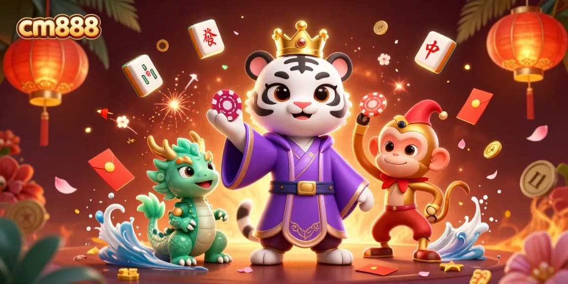 Experience cm888 excitement with a regal white tiger and jester monkey in a vibrant casino scene.