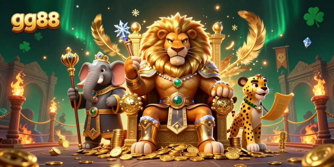 Experience the excitement of gg88 with a dynamic casino scene featuring regal characters and rich game elements.