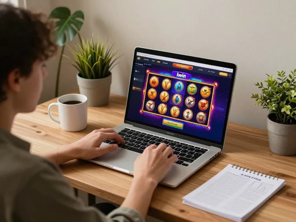 Player engaging with Iwin casino slot games on laptop in cozy home setup.