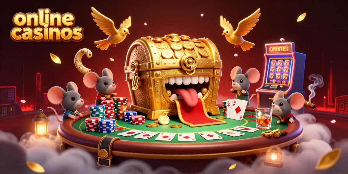 Engage in thrilling online casinos, exploring a vibrant scene filled with poker chips, slot reels, and a golden treasure chest.