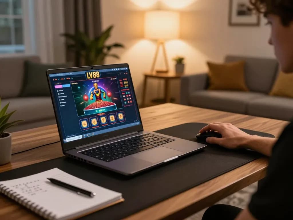 Engaging online gaming experience with LV88 interface on laptop as player strategizes