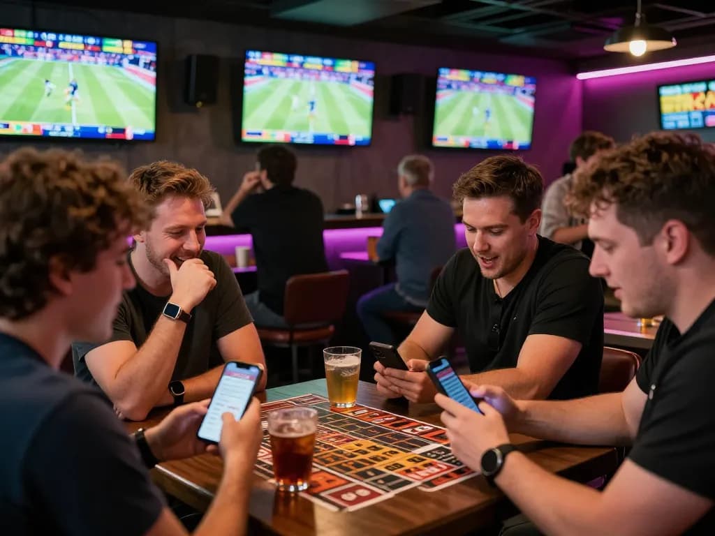 Fun88 patrons enjoying live betting at a vibrant sports bar with screens showing games