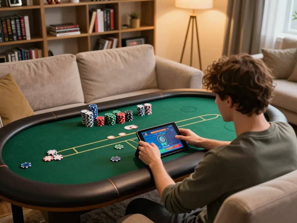 Player engaging with nk88 online poker game on tablet, showcasing lively gaming atmosphere.