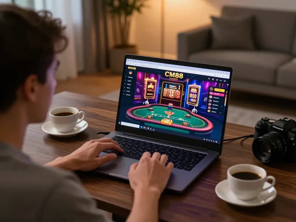 Engaging in online gaming at CM88, focusing on a vibrant casino interface from a cozy setup