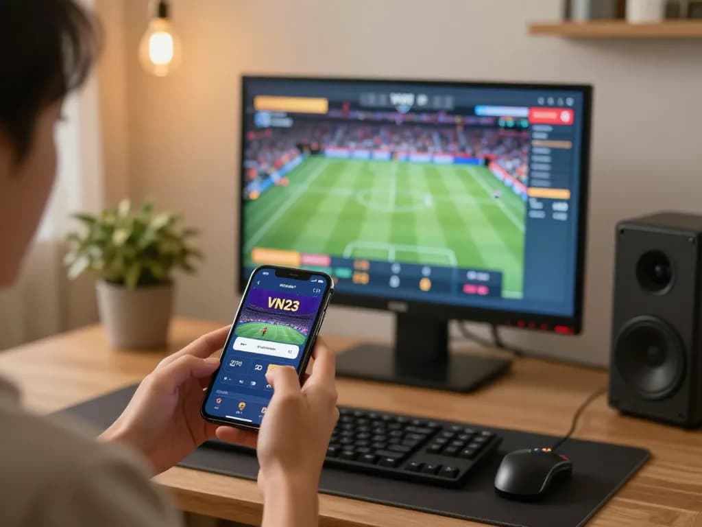 Experience the excitement of VN23 online betting with a smartphone app in a cozy home setting