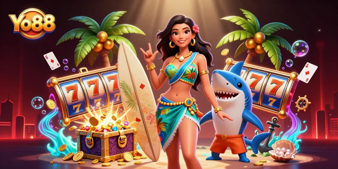 Spin the reels at Yo88 with a glamorous beach goddess and fun shark, surrounded by shining treasures and casino excitement.