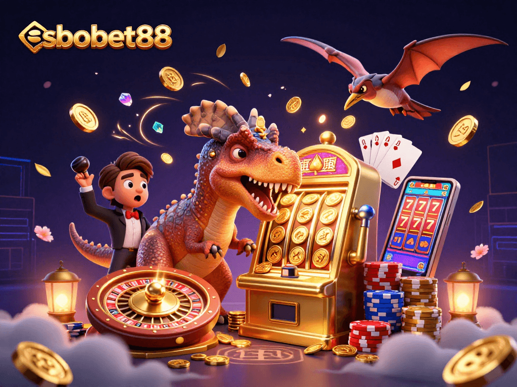 Experience the excitement of sbobet88 through a dynamic 3D scene of characters interacting with casino elements.