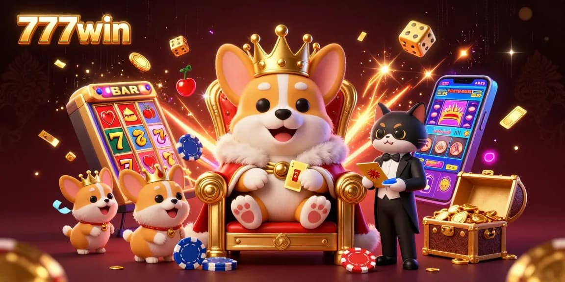 Nikmati keseruan 777win dengan raja corgi di takhta slot, dikelilingi oleh elemen kasino yang penuh warna.