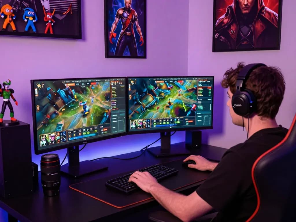 Engaged player exploring live Dota 2 betting insights at GGLBet Singapore, showcasing vibrant gaming setup and statistics.