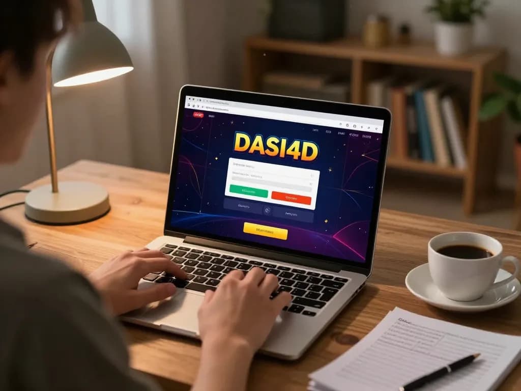 Scene menarik dengan login DASI4D ditampilkan di laptop, menyoroti strategi judi online di lingkungan rumah yang nyaman
