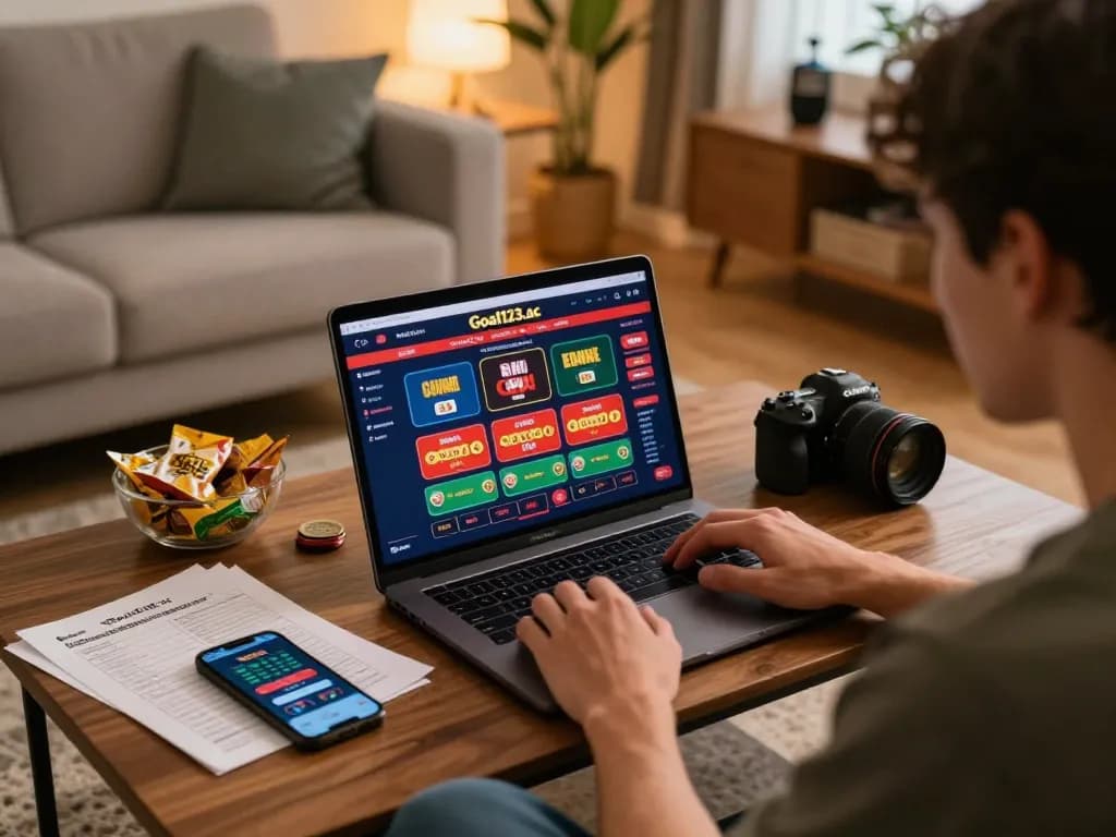 Engaging in online gaming at goal123.ac, showcasing a player using a laptop with gaming cards displayed.