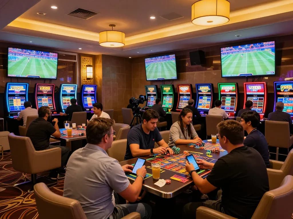 VB88 sports bettors enjoying live action on sleek screens in a vibrant casino lounge.