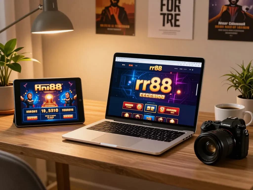 Engaged gambler exploring rr88 online casino on laptop in a cozy home setting.