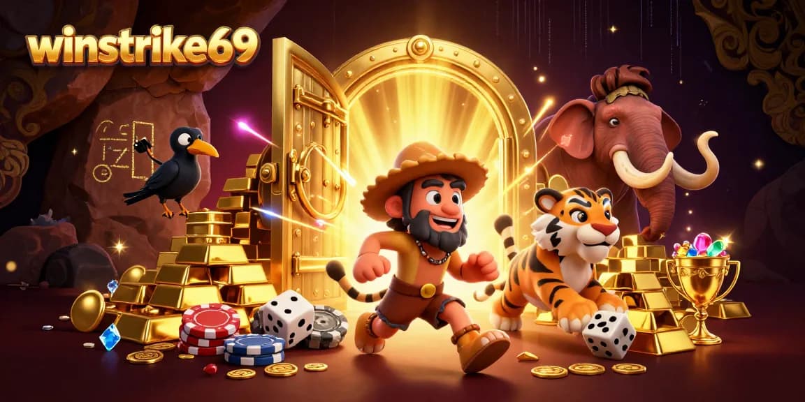 Engage in thrilling gameplay at winstrike69 with animated caveman and sabertooth tiger in a vibrant prehistoric casino.