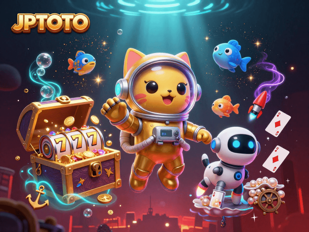 Engage with thrilling slots at JPTOTO, featuring a vibrant scene of a cosmic cat and robot dog amidst treasures.