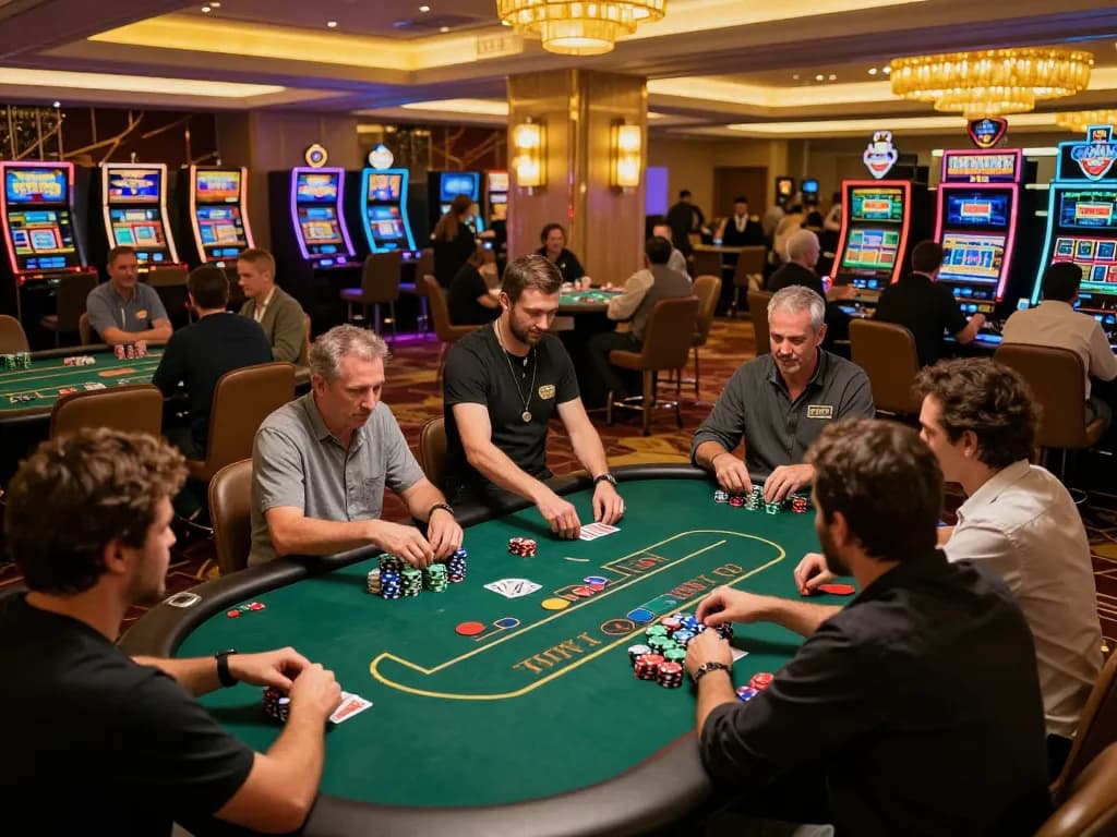 Create a caricature of lively casino gaming experience featuring engaged players and vibrant decor.