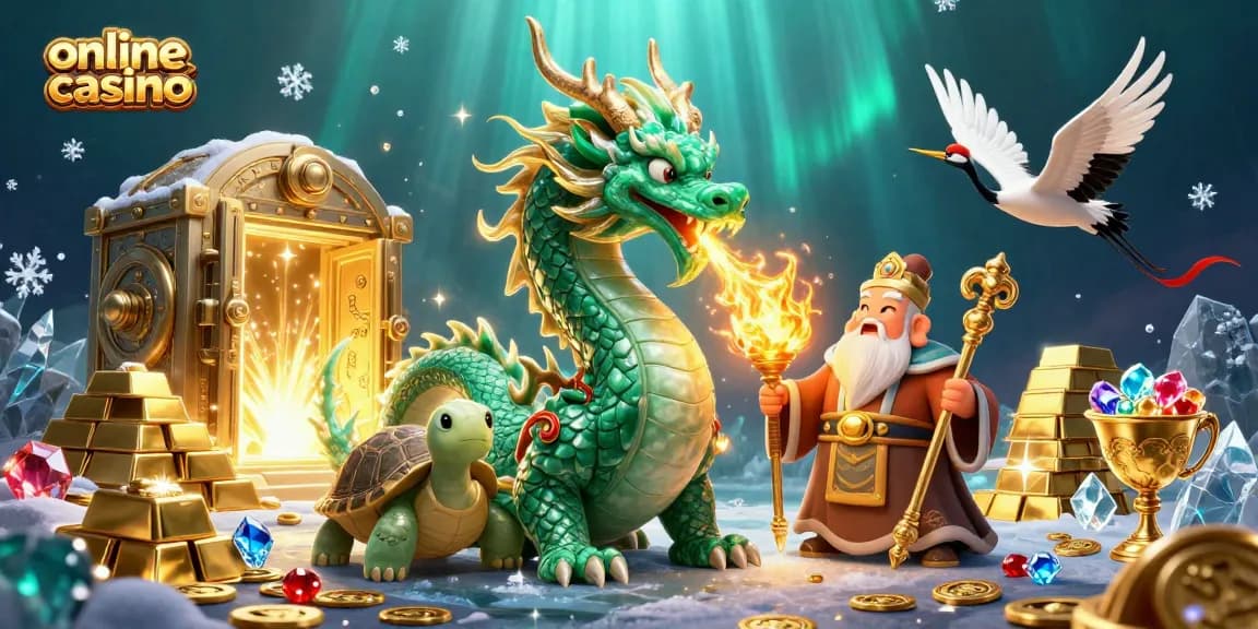 Experience thrilling online casino games in a vibrant fantasy world with emerald dragon and lucky cranes.