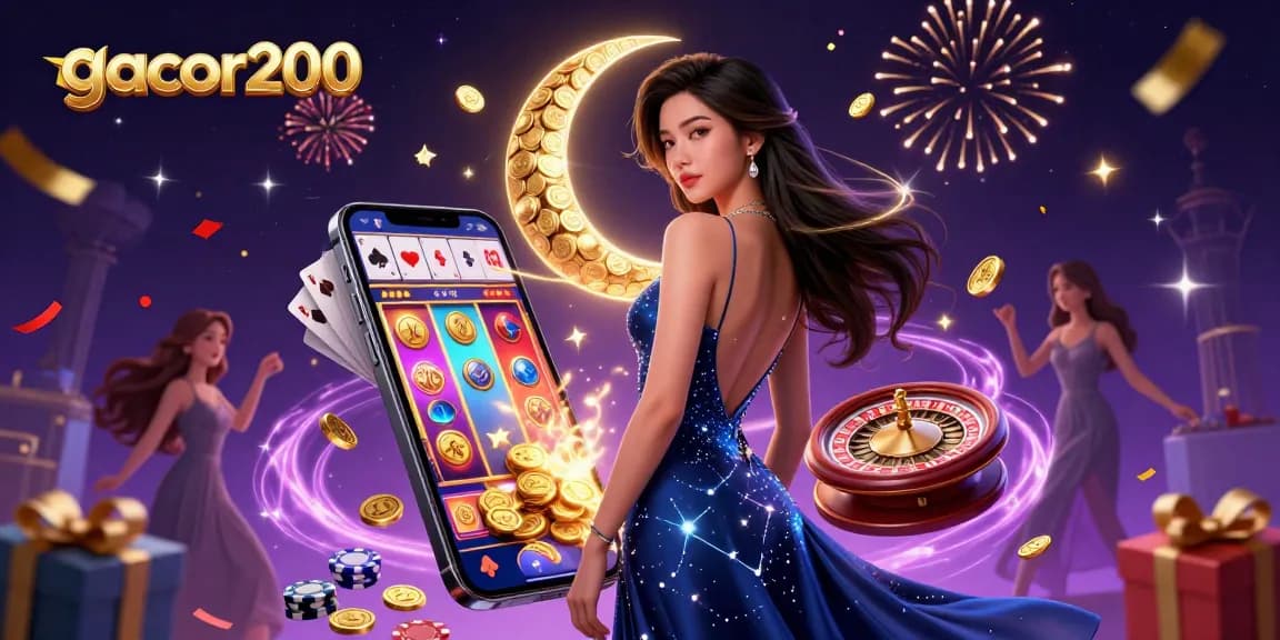 Experience the excitement of gacor200 with vibrant slot games, golden coins, and a glamorous casino atmosphere.
