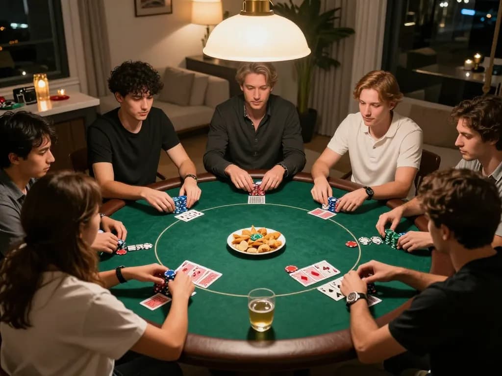 Players engaged in a friendly poker game at home showcasing open88 com gaming spirit.