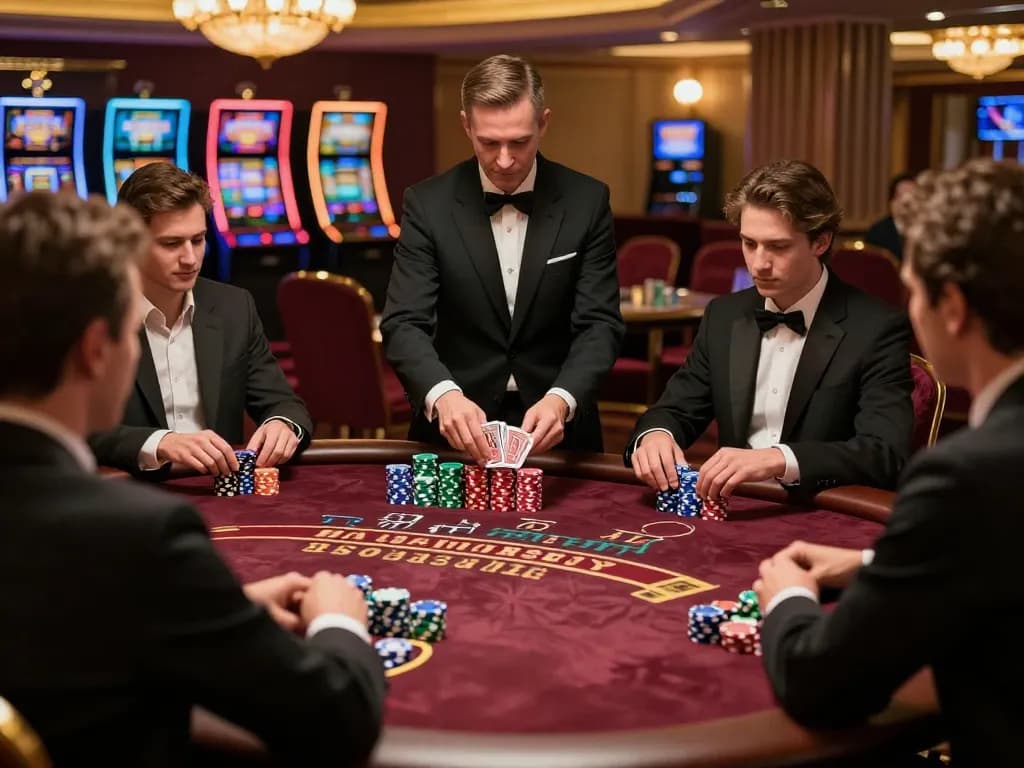 LGOGOAL players strategizing at a high-stakes blackjack table in a luxurious casino.