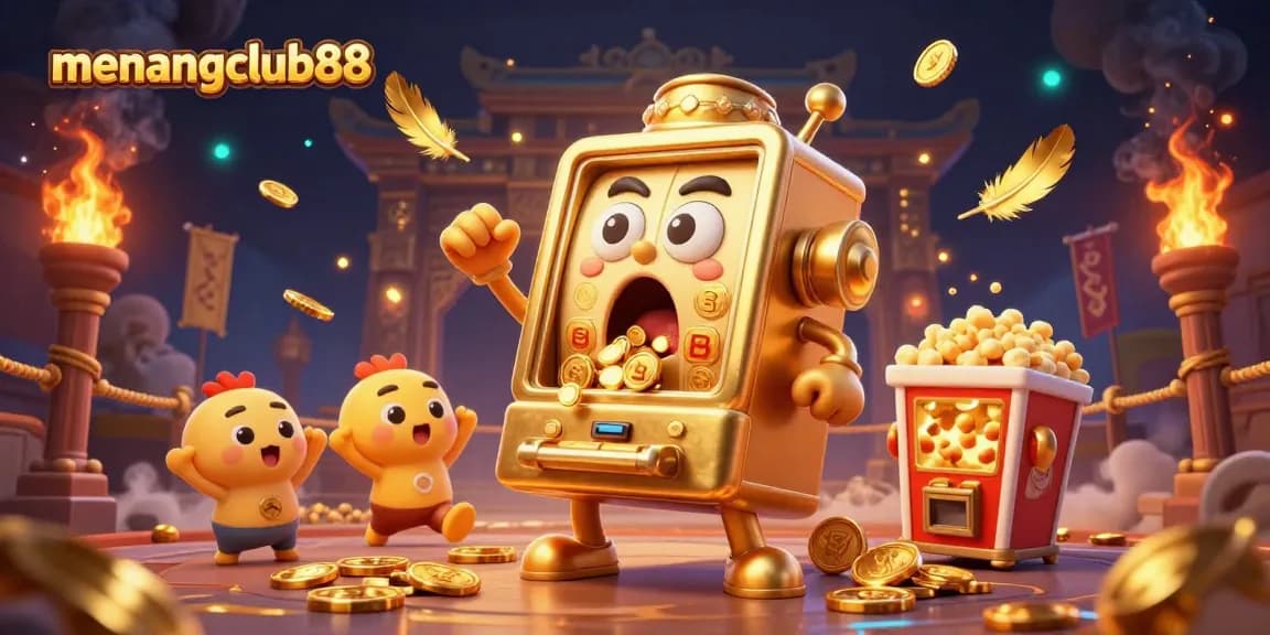 Experience the excitement of menangclub88 as a golden slot machine hits the jackpot with cheering companions in a lively casino scene.