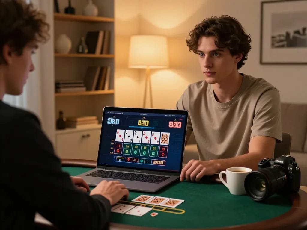 Playing live dealer blackjack on 13win in a cozy home setting, showcasing strategic betting.