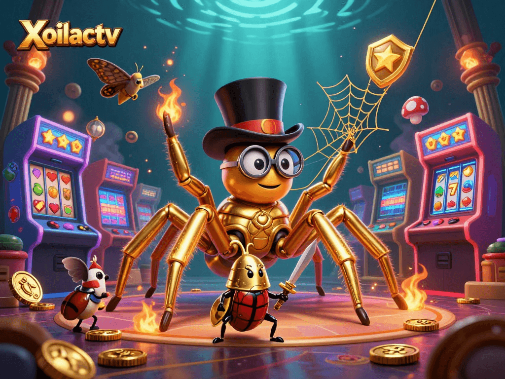 Xoilactv presents a vibrant, dynamic scene with golden tarantula and a knight amidst casino elements.