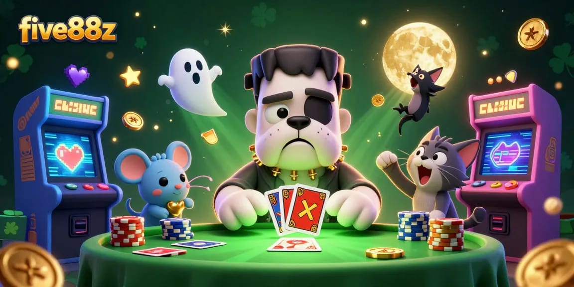 Join five88z at a lively casino table with characters and gaming machines in a colorful, spooky scene.