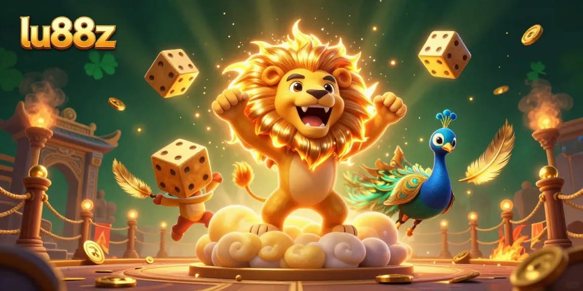 Experience adventure at lu88z with a roaring lion among golden dice and vibrant casino elements.